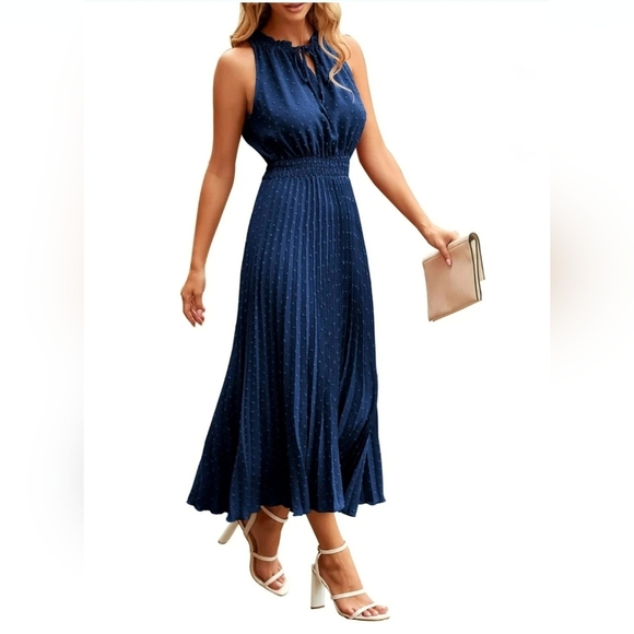 Pretty Garden Navy Swiss Dot Halter Neck Maxi Dress Size Small - Picture 1 of 9